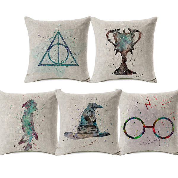 12 Styles Harry Potter Cushion Covers Watercolor Painting Sorting Hat the Goblet of Fire Art Cushion Cover Sofa Decorative Linen Pillow Case