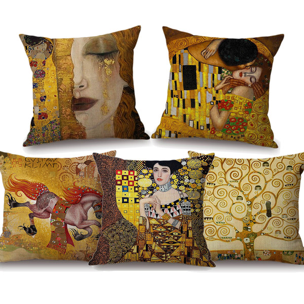 11 Styles Oil Painting Gold Luxury Decorative Cushion Covers Gustav Klimt Animal Horse Tree Cushion Cover Sofa Linen Pillow Case