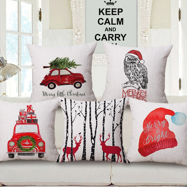 12 Styles Merry Christmas Cushion Cover Colour Paintings Red Retro Car With Xmas Tree Gift Deer Cushion Covers Sofa Linen Beige Pillow Case