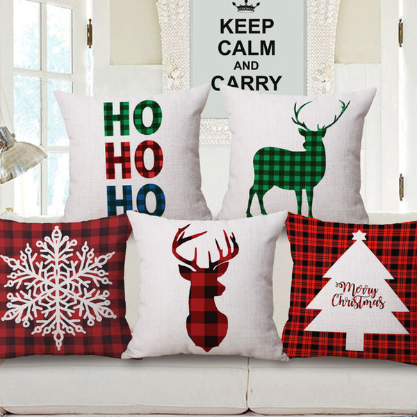 27 Styles Merry Christmas Holiday Cushion Covers Xmas Tree Snowflakes Reindeer Elk Plaids Art Cushion Cover Sofa Beige Linen Pillow Case