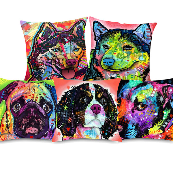 15 Styles Oil Painting Animal Dog Cat Cushion Covers Siberian Husky German Shepherd Spaniel Pit Bull Cushion Cover Sofa Linen Pillow Case