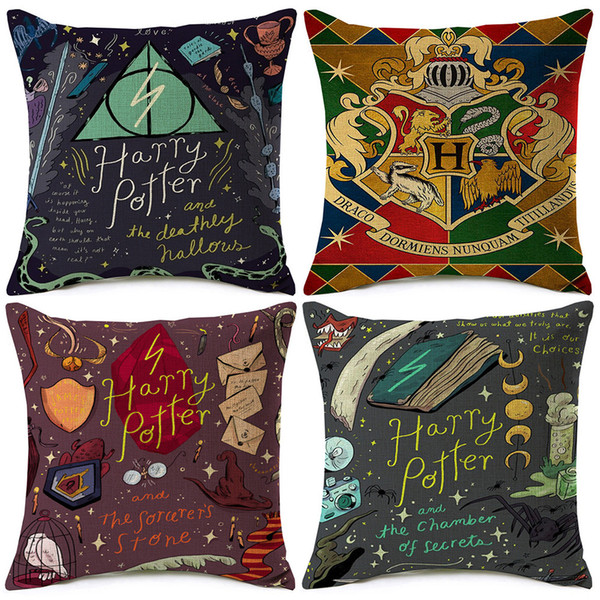 9 Styles Harry Potter Cushion Covers Cartoon Painting The Deathly Hallows The Chamber of Secrets Cushion Cover Sofa Throw Linen Pillow Case