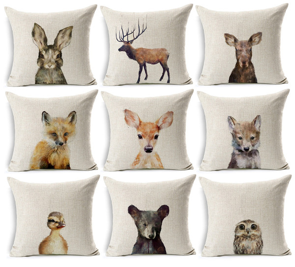 17 Styles Lovely Animals Cushion Covers Little Dog Deer Elk Rabbit Fox Panda Bear Painting Cushion Cover Sofa Decorative Linen Pillow Case