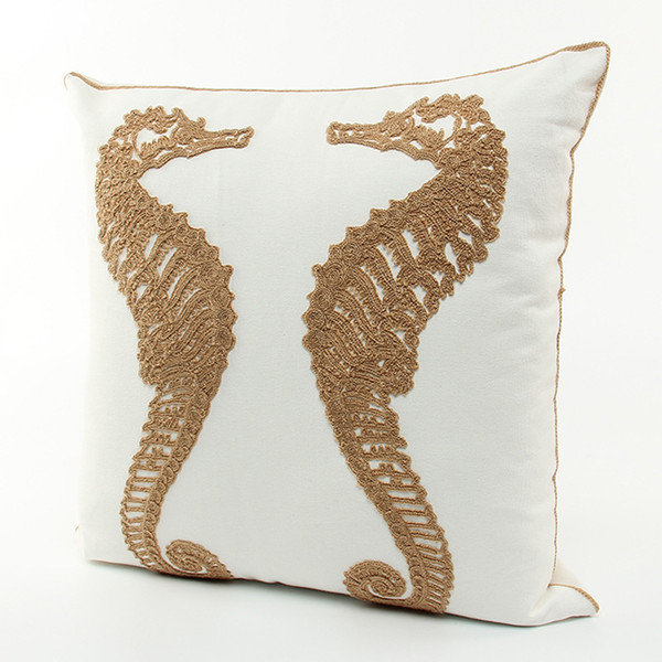 Embroidery Marine Biology Sea Horse Cushion Covers Embroidered Seahorse Cushion Cover Sofa Chair Seat Decorative Cotton Pillow Case