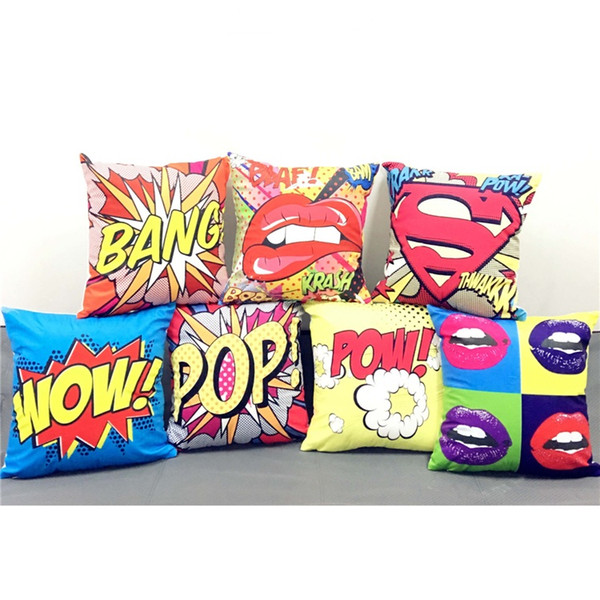 Color Graffiti Rock And Roll Style Cushion Covers Letters POP WOW POW BANG Superman Print Pillow Cover Red Lips Decorative Pillowcase