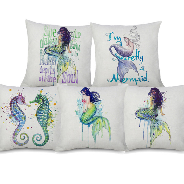 12 Styles Watercolor Painting Marine Life Cushion Covers Starfish Mermaid Seahorse Turtle Octopus Cushion Cover Sofa Linen Pillow Case