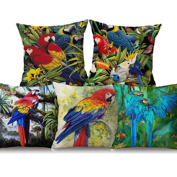 5 Styles Summer Tropical Birds Woods Cushion Covers Bird Parrot Decorative Cushion Cover Linen Pillow Case For Sofa Couch Seat