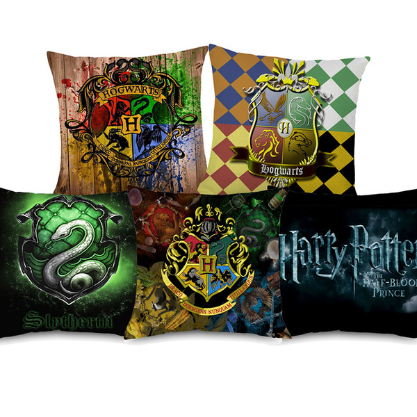 5 Styles Harry Potter Poster Cushion Covers Hogwarts Slytherin Hufflepuff House Art Cushion Cover Sofa Throw Decorative Linen Pillow Case