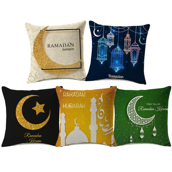 12 Styles Ramadan Kareem Eid Mubarak Cushion Covers Middle East Moon Star Lantern Mosque Cushion Cover Sofa Decorative Linen Pillow Case