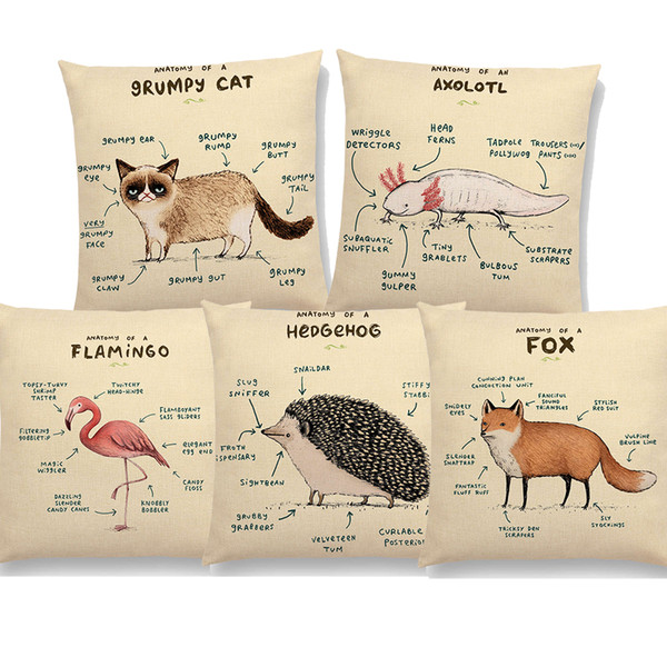 Cute Animals Anatomy Cushion Cover Dachshund Pug Dog Cat Fox Hedgehog Squirrel Goat Cow Rabbit Axolotl Cushion Covers Sofa Linen Pillow Case