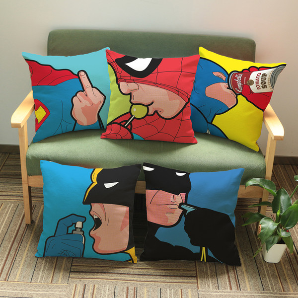 5 Styles Super Hero Pop Art Cushion Covers American POP Lips Batman Superman Spider Man Cushion Cover Cartoon Decorative Linen Pillow Case