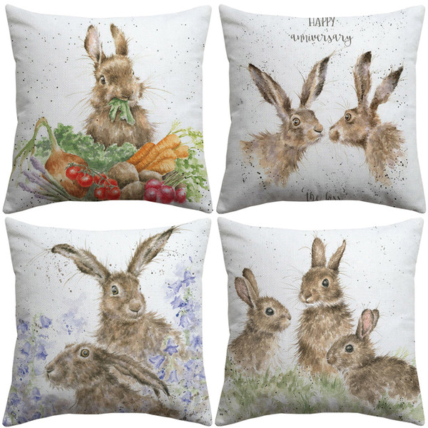 Hand Painting Animals Hare Rabbit Cushion Covers Cute Lovely Fox Hedgehog Bee Pug Dog Pillow Cover Bedroom Sofa Linen Cotton Pillow Case