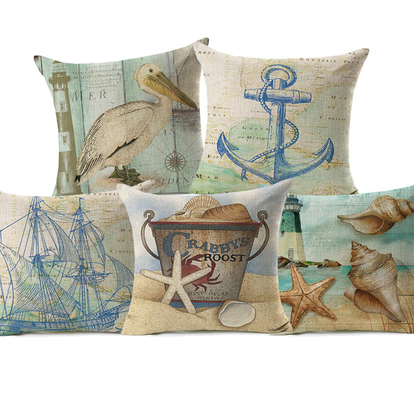 5 Styles European Vintage Retro Marine Life Cushion Covers Starfish Conch Shell Anchor Ship Cushion Cover Sofa Decorative Linen Pillow Case