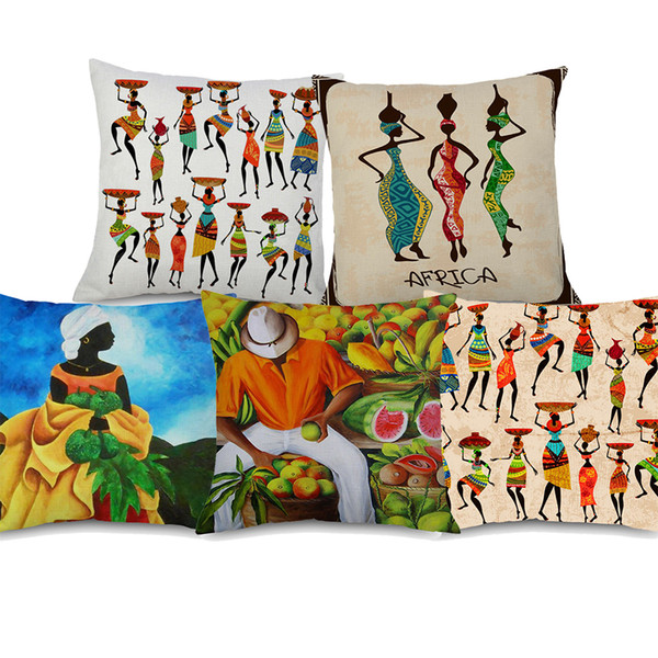 5 Styles Hand Painting African Life Culture Cushion Covers Vintage Retro Style African Women Dance Cushion Cover Linen Pillow Case