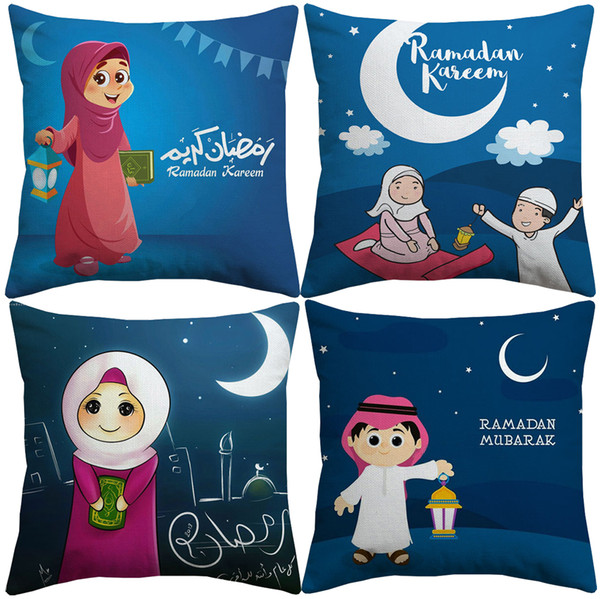 Cartoon Eid Mubarak Ramadan Kareem Cushion Covers Watercolor Painting Islam Muslim Lantern Moon Star Mosque Cushion Cover Linen Pillow Case