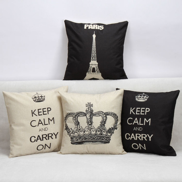 4 Styles British Retro Crown Paris Eiffel Tower Cushion Covers Keep Calm And Carry On Cushion Cover Linen Pillowcase Decoration