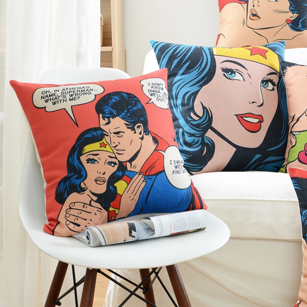 American Super Hero Pop Art Cushion Cover Superman Wonder Woman Pop Style Cushion Covers Sofa Throws Decorative Linen Cotton Pillow Case