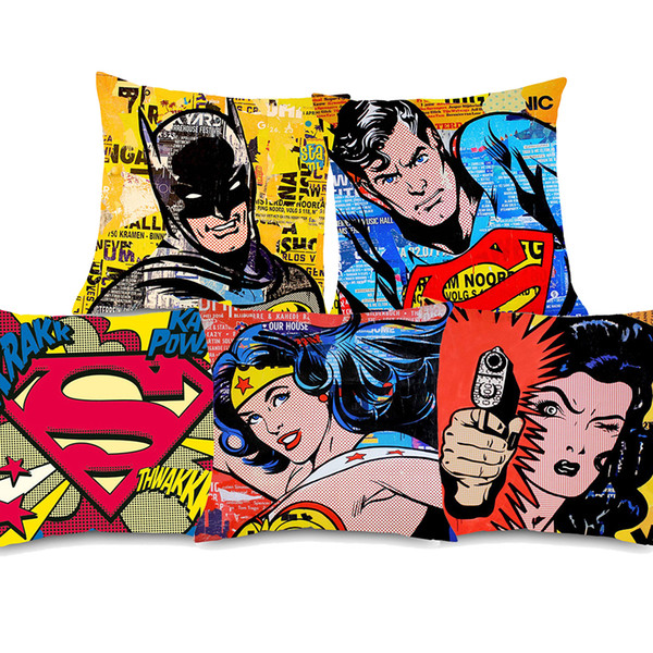 6 Styles American Vintage POP Art SUPER HERO Cushion Covers Superman Batman Wonder Woman Cushion Cover Bedroom Sofa Throw Linen Pillow Case