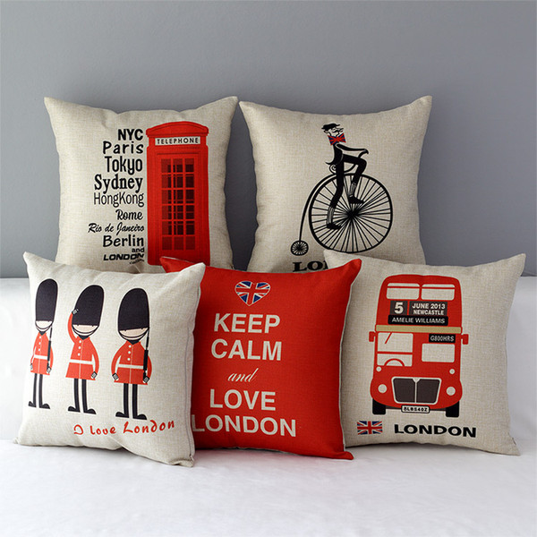 European British Retro Vintage Cushion Covers London Bus Crown Big Ben Telephone Booth Royal Guard Cushion Cover Linen Cotton Pillow Case