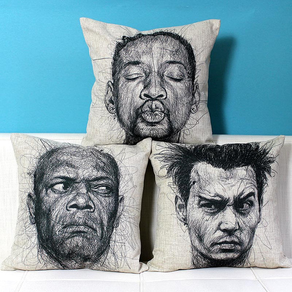 3 Styles Pencil Painting Portrait Cushion Covers Samuel L. Jackson Will Smith Nick Jonas Cushion Cover Sofa Decorative Linen Pillow Case