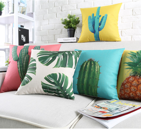 Southeast Asia Plants Vibes Green Leaves Cushion Covers Tropical Cacti Cactus Pineapple Candy Colour Cushion Cover Linen Cotton Pillow Case