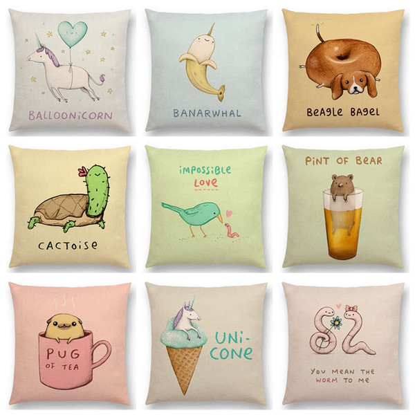 25 Styles Cartoon Animals Funny Nickname Cushion Covers Unicorn Bear Chihuahua Pug Dog Flamingo Cushion Cover Decorative Linen Pillow Case