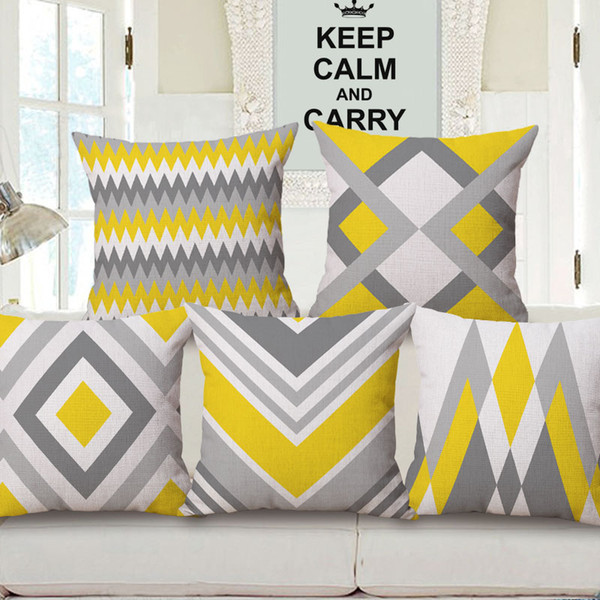 7 Styles Geometric Modern Cushion Covers Yellow and Gray Plaid Chevron Stripes Rhombus Cushion Cover Linen Pillow Case Sofa Decoration