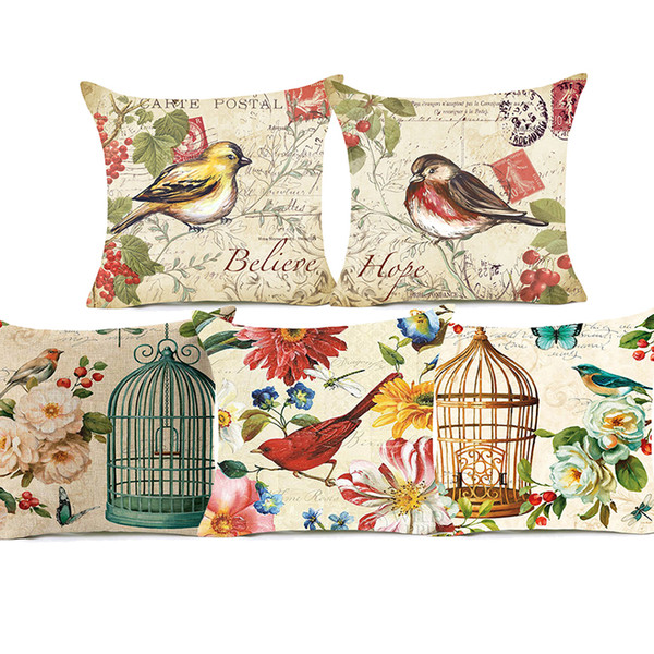 15 Styles Birds And Flowers Painting Art Cushion Covers Vintage Retro Bird Cage Decorative Cushion Cover Sofa Linen Pillow Case