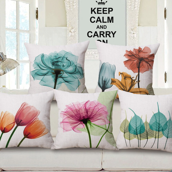 Elegant Flower Tulip Cushions Covers Colour Purple Blue Pink Flowers Leaves Cushion Cover Car Sofa Couch Decorative Linen Beige Pillow Case