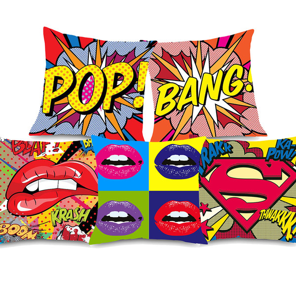 7 Styles American Modern POP Art Cushion Covers POP BANG WOW POW Lips Cushion Cover Decorative Soft Pillow Case For Bedroom Sofa Couch