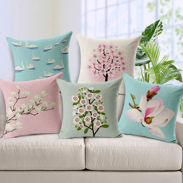 Pastoral Pink Floral Cushion Cover Plants Flowers Blossom Tree Swan Cushion Covers Sofa Throw Decorative Linen Cotton Pillow Case