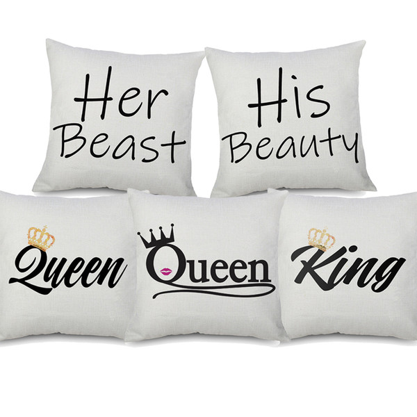 7 Styles King And Queen Crown Cushion Covers Modern Minimalism English Letters His Beauty Art Cushion Cover Decorative Linen Pillow Case