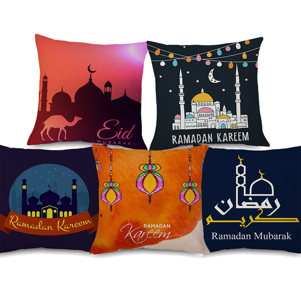 10 Styles Ramadan Kareem Eid Mubarak Cushion Covers Cartoon Muslim Arabic Mosque Lantern Stars Moon Cushion Cover Linen Pillow Case