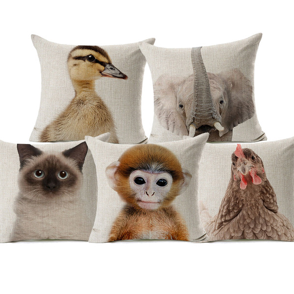 7 Styles Cute Baby Animals Cushion Covers Monkey Tiger Birman Cat Elephant Duck Hippo Cushion Cover Bedroom Linen Cotton Pillow Case