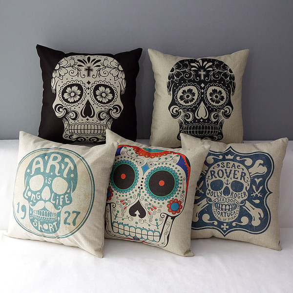 Skulls Cushion Covers Halloween Holiday Floral Skull Decorative Cushion Cover Linen Cotton Pillow Case For Sofa Couch Seat