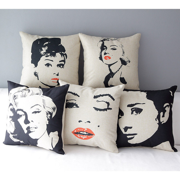 Marilyn Monroe Audrey Hepburn Cushion Covers European Vintage Retro Portrait Cushion Cover Decorative Linen Cotton Pillow Case For Sofa Seat