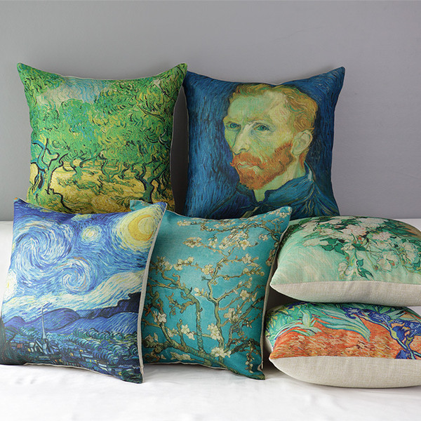 Vincent van Gogh Oil Paintings Art Cushion Covers The Starry Night Apricot Flower Cushion Cover Decorative Linen Cotton Pillow Case