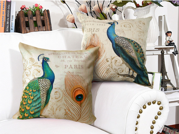 2 Styles Hand Painting Bird Peacock Feather Cushion Covers European Retro Vintage Home Cushion Cover Sofa Throw Decorative Linen Pillow Case