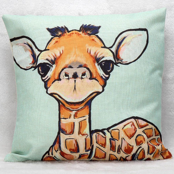 Hand Painting Animals Art Cushion Covers Giraffe Deer Cartoon Cushion Cover Decorative Linen Pillow Case For Bedroom Sofa Couch