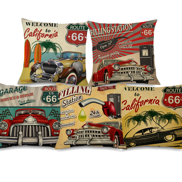 5 Styles California Route 66 Art Cushion Cover American Retro Car Filling Station Garage Decorative Cushion Covers Sofa Linen Pillow Case