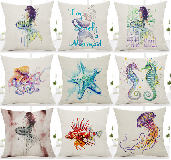 8 Styles Watercolor Painting Sea Life Biology Cushion Covers Starfish Seahorse Mermaid Octopus Cushion Cover Sofa Throw Linen Pillow Case