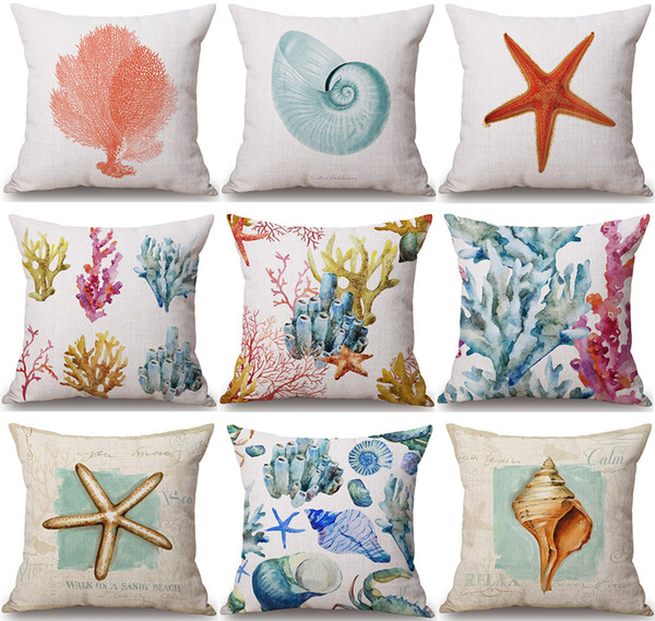 28 Styles Watercolor Marine Life Cushion Covers Ocean Coral Shell Conch Starfish Sandy Beach Sea Horse Cushion Cover Sofa Linen Pillow Case