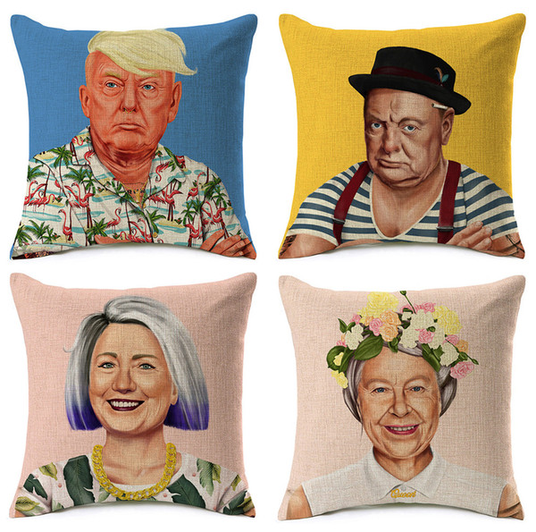 8 Styles Donald Trump Winston Churchill Cushion Covers Hipster Art Hillary Queen Elizabeth Vladimir Putin Cushion Cover Linen Pillow Case