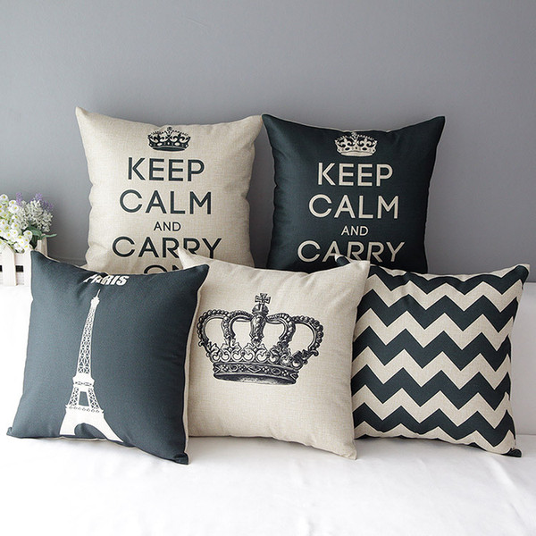 Nordic Modern Paris Eiffel Tower Cushion Covers Crown KEEP CALM AND CARRY ON Cushion Cover Linen Cotton Pillow Case For Bedroom Decoration