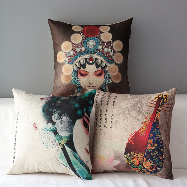 Chinese Classic Peking Opera Cushion Covers Beijing Opera Dan Female Roles Lute Cushion Cover Sofa Linen Cotton Pillow Case For Bedroom