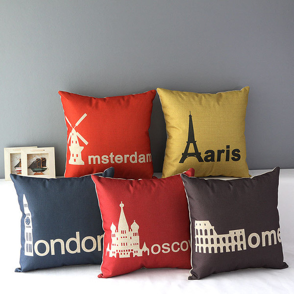 World Famous Cities Landmark Arts Cushion Covers Paris London Amsterdam Rome Moscow City Cushion Cover Decorative Linen Cotton Pillow Case