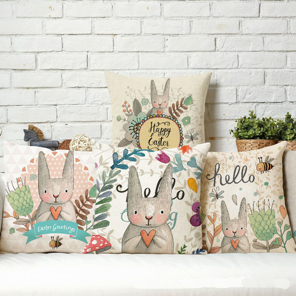 Hand Painting Easter Holiday Cushion Covers Happy Easter Bunny Rabbit Flower Plant Cushion Cover Decorative Linen Cotton Pillow Case