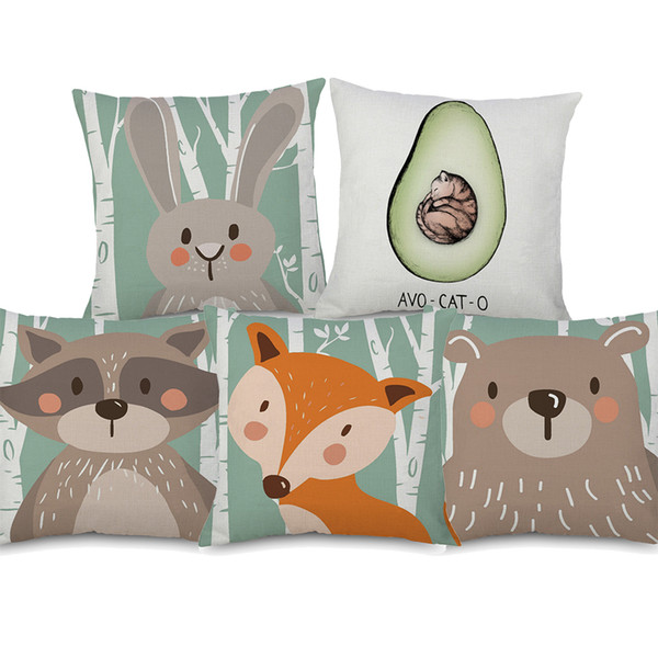 5 Styles Cartoon Animals In Woods Cushion Covers Fox Rabbit Bear Racoon Cat Art Cushion Cover Baby Kids Bedroom Linen Pillow Case