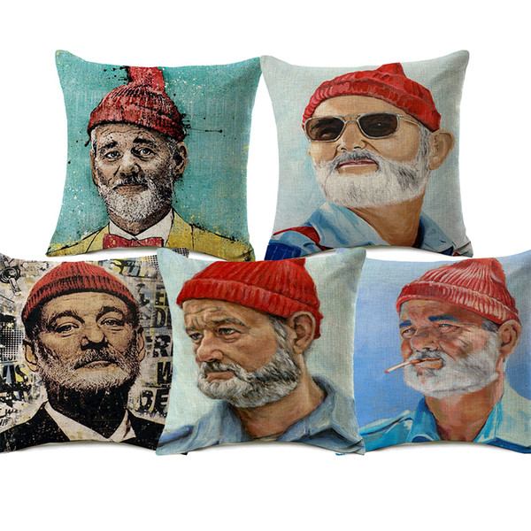 Bill Murray Cushion Cover Oil Painting Steve Zissou Portrait Cushion Covers Decorative Beige Linen Pillow Case For Car Sofa Seat