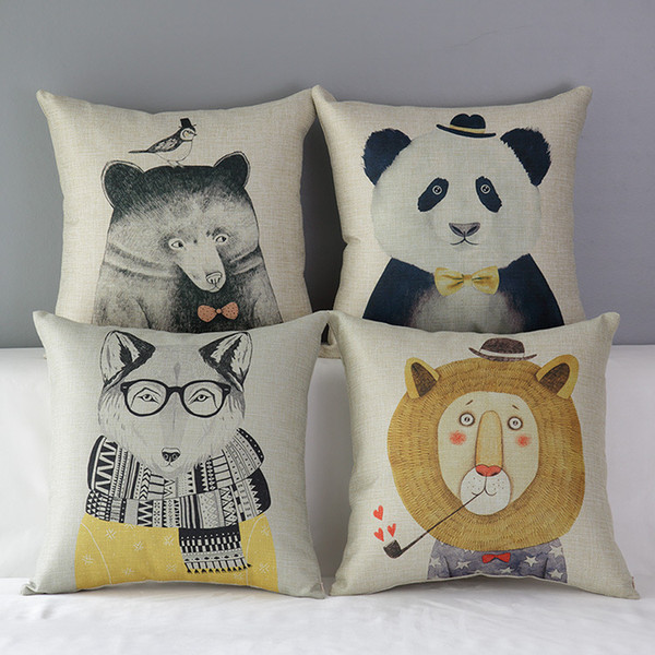 Hand Painting Hipster Animals Cushion Covers Panda Bear Wolf Lion Decorative Cushion Cover Linen Cotton Pillow Case For Bedroom Sofa Couch